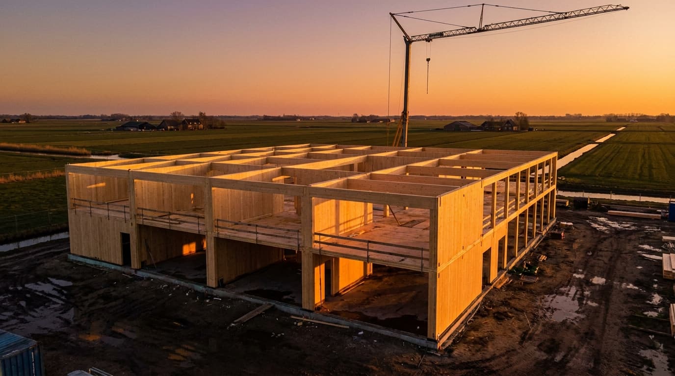 Conceptbeeld: CLT-casco in aanbouw bij avondlicht, met bouwkraan..