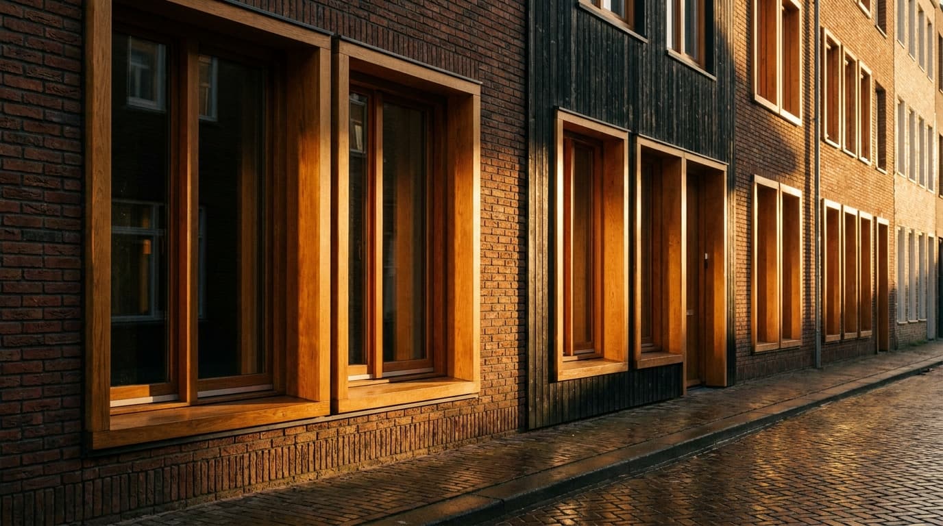 Conceptbeeld: gevelritme van diepe houten kozijnen in strijklicht..