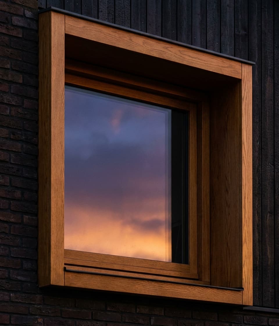 Conceptbeeld: close-up van één diep houten kozijn met avondlucht in het glas..