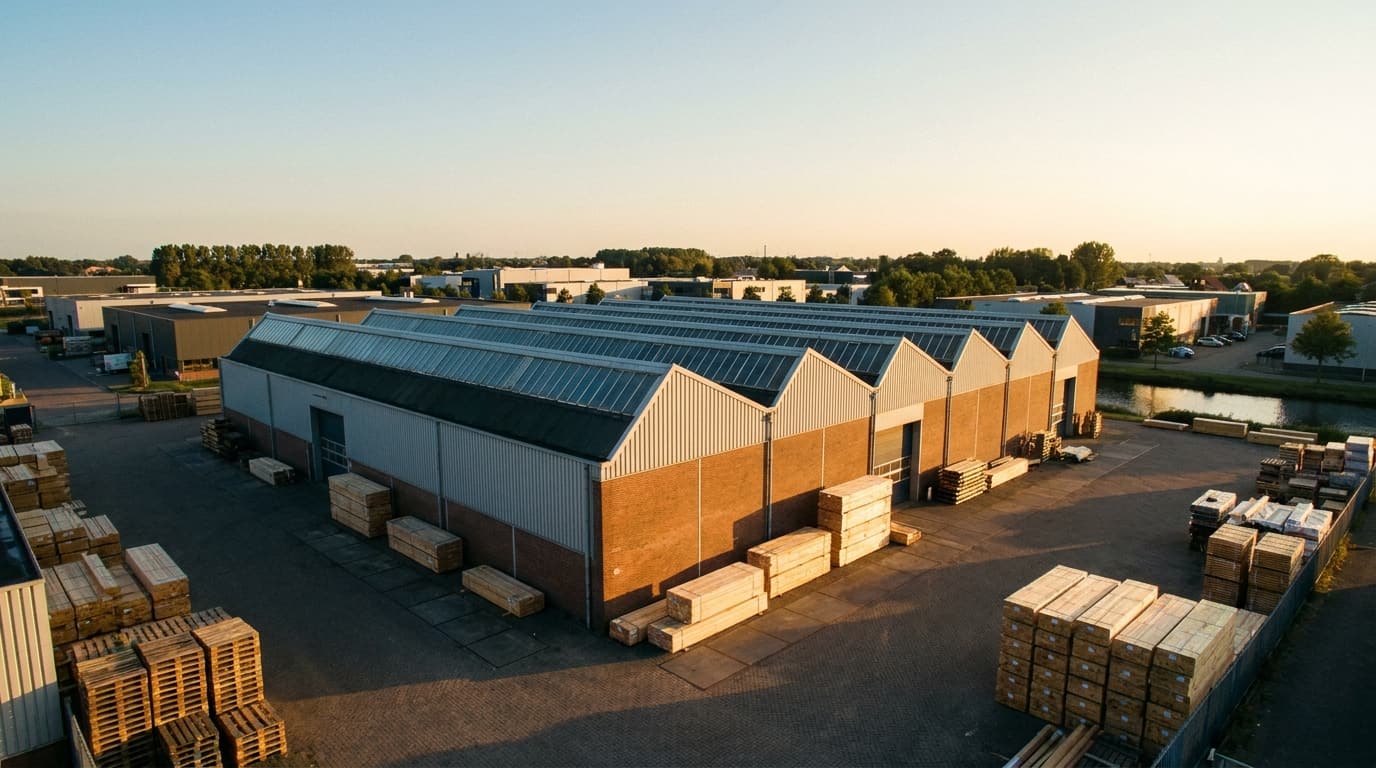 Conceptbeeld: productiehal met sheddak in avondlicht, houtpakketten op het terrein..