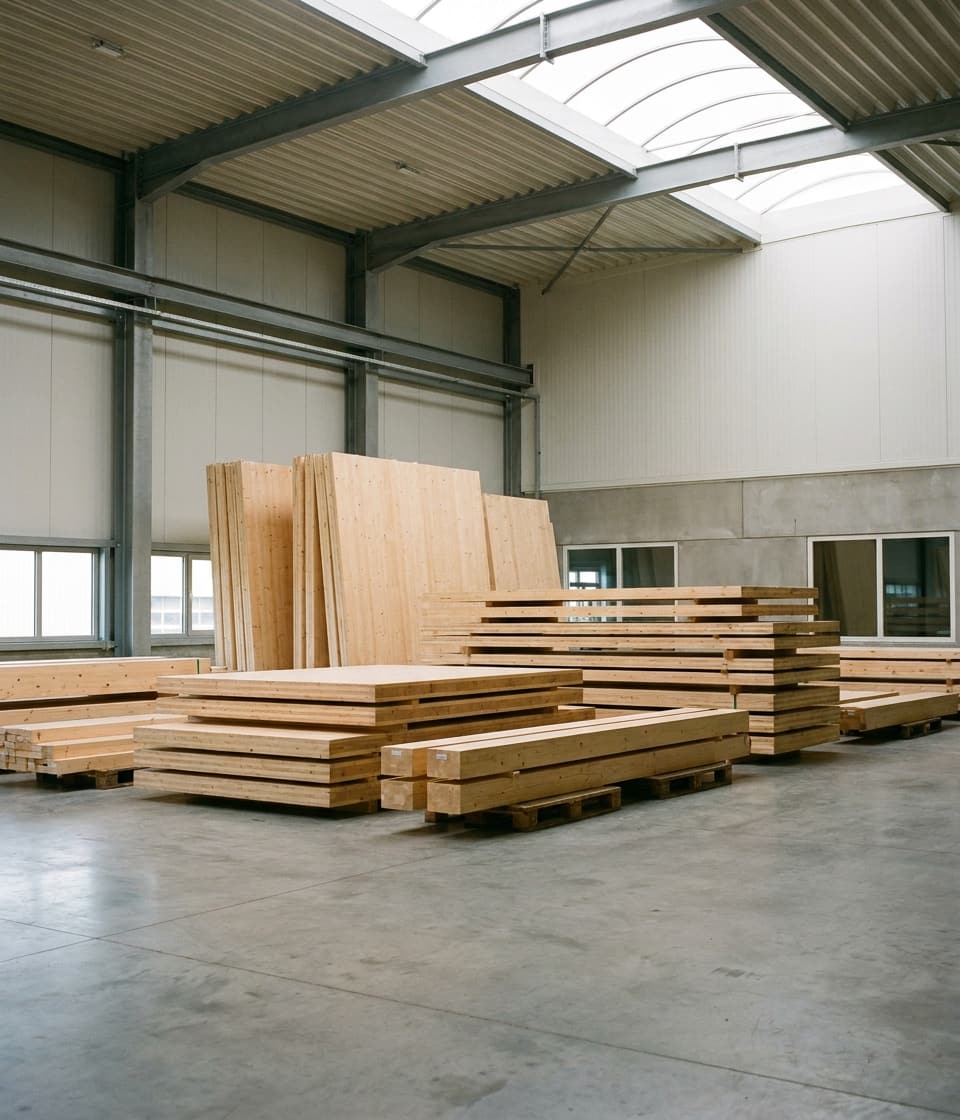 Conceptbeeld: gestapelde prefab houtelementen in de productiehal..