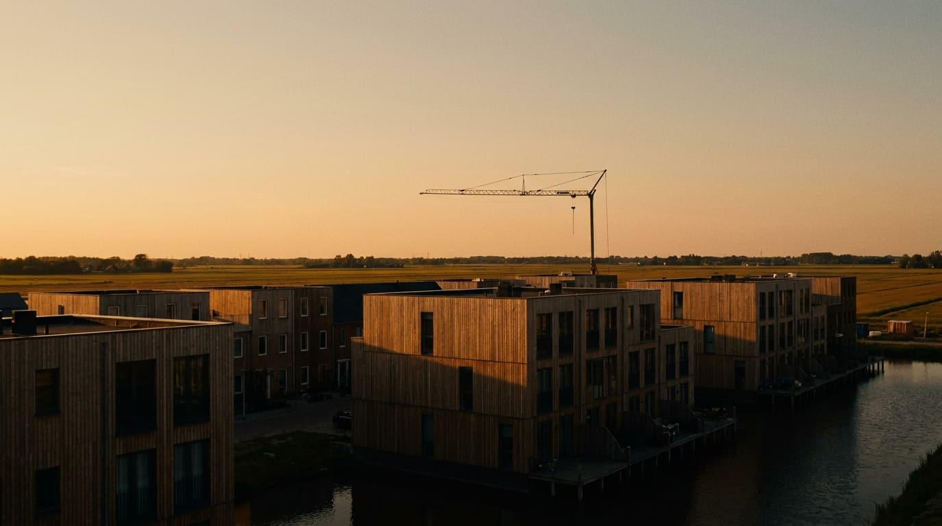 Conceptbeeld: houtbouwensemble in avondlicht met bouwkraan..