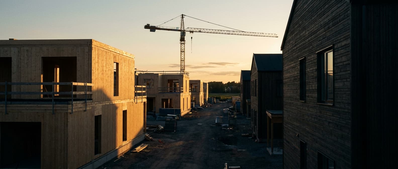 Conceptbeeld: ensemble van houtbouwwoningen in warm avondlicht, met bouwkraan aan de horizon.