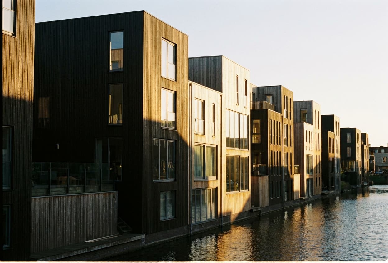 Conceptbeeld: woonensemble in houtbouw bij avondlicht..