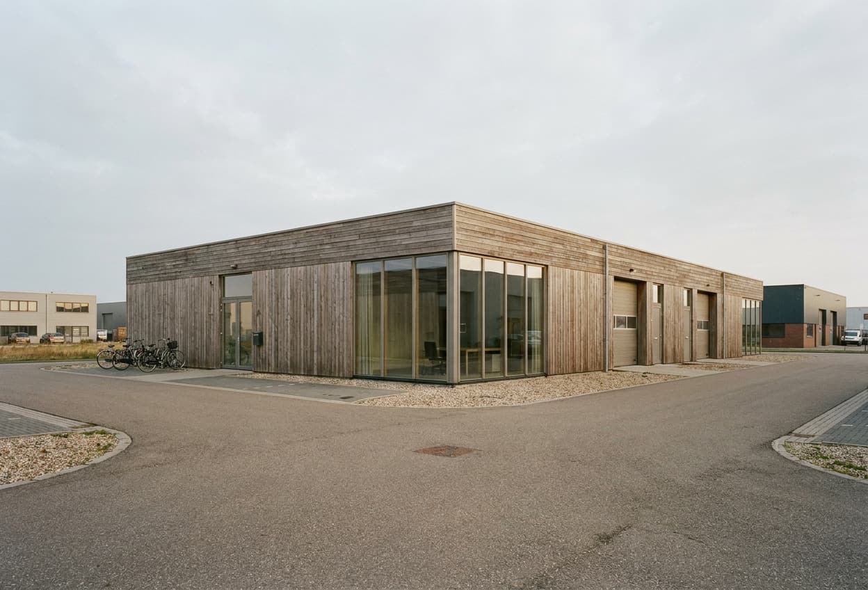 Conceptbeeld: laag utilitair houtbouwvolume in daglicht..