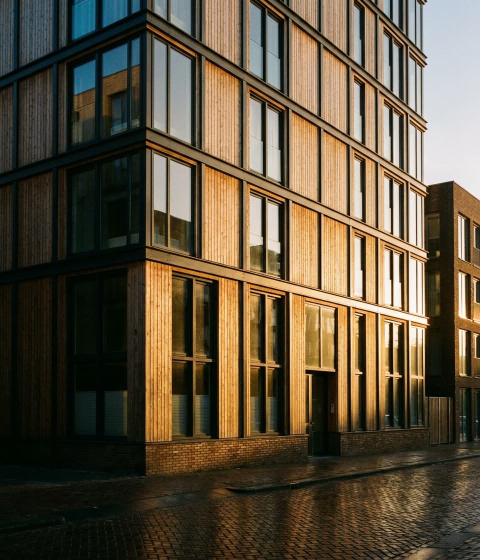 Conceptbeeld: hoger houtbouwvolume in avondlicht..