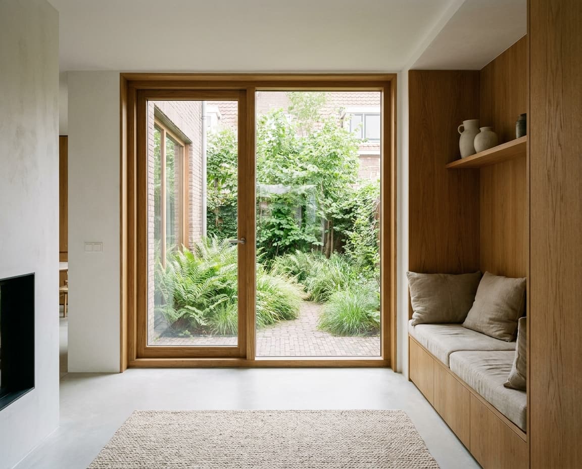Conceptbeeld: rustig houten interieur met daglicht en zicht op een groene binnentuin..